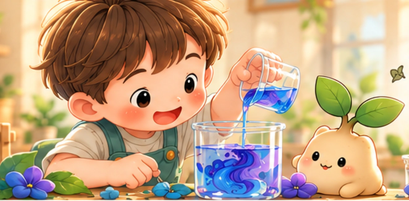 溫暖的 MuMu Lab 科學桌上,小男孩將藍色水倒入玻璃杯,小樹苗開心地在旁一起觀察顏色變化